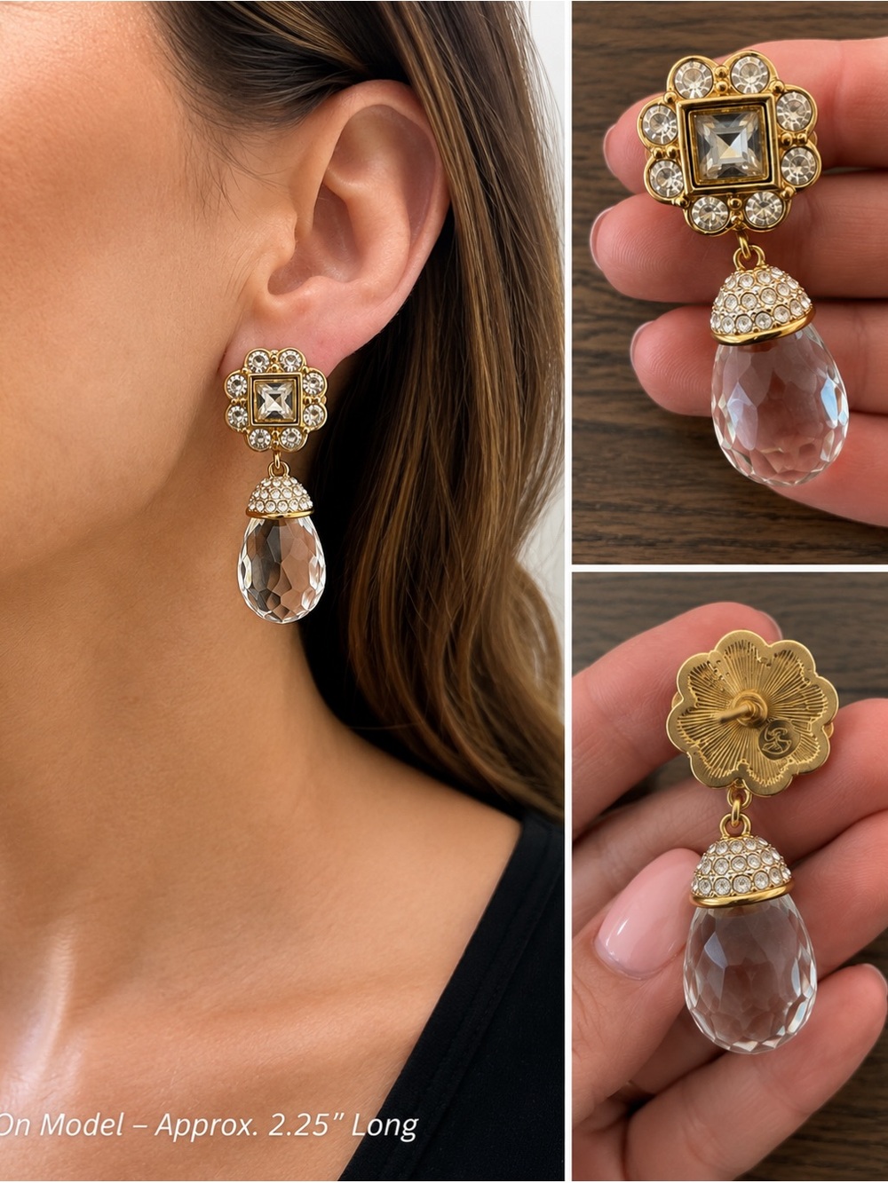 Vintage Swarovski Gold Crystal Drop Earrings with Clear Faceted Teardrop